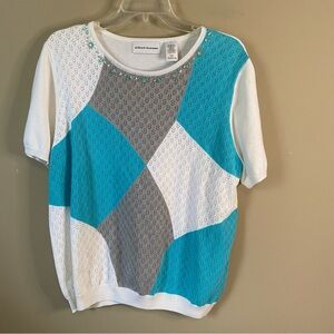 Alfred Dunner Women's Blue, Gray & White Geometric Top